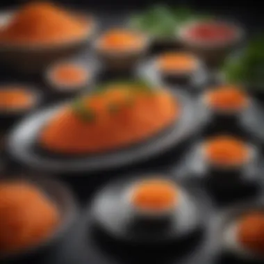 A sophisticated platter showcasing innovative dishes featuring salmon roe as the centerpiece