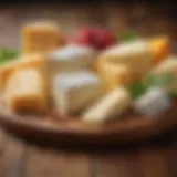 A selection of different cheese varieties on a wooden platter