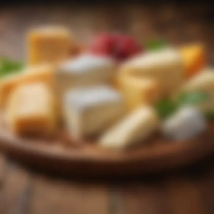 A selection of different cheese varieties on a wooden platter