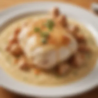 A close-up view of the rich creamy sauce in Chicken a la King, highlighting its texture.