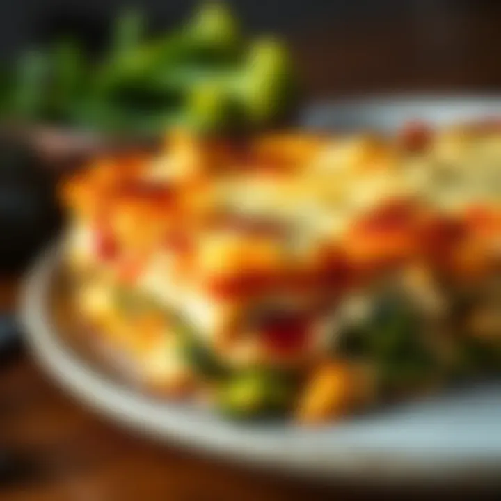 A beautifully baked chicken and broccoli lasagna with golden cheese