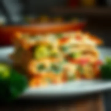 Close-Up of Chicken and Broccoli Lasagna A close-up of chicken and broccoli lasagna, highlighting the creamy sauce and layers