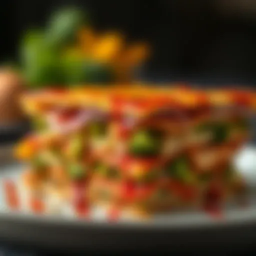 Layered chicken and broccoli lasagna showcasing vibrant colors and textures
