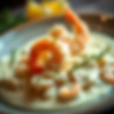A close-up of creamy Alfredo sauce with succulent chicken and shrimp.