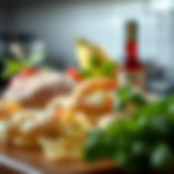 Fresh ingredients including chicken, shrimp, and herbs for Alfredo.