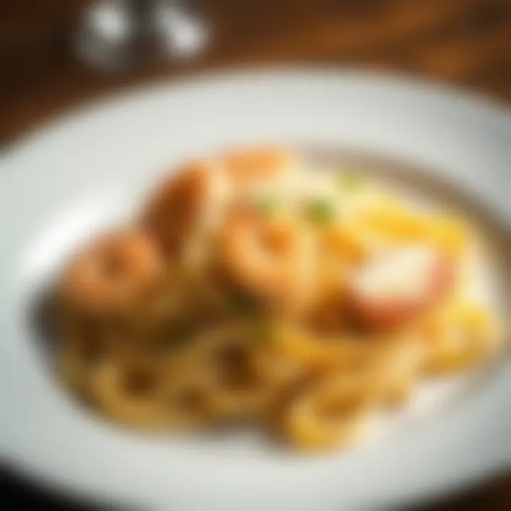 A beautifully plated Chicken Shrimp Alfredo with a sprinkle of cheese.