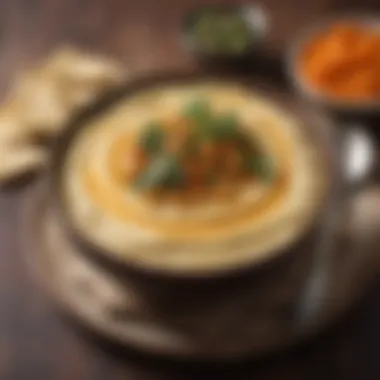 A bowl of creamy chickpea hummus garnished with olive oil and paprika.