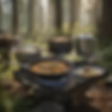 A scenic outdoor setup with camping pans and cooking utensils