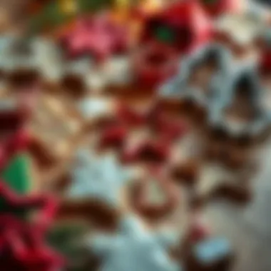 An array of Christmas-themed cookie cutters laid out on a wooden surface.