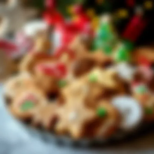 A beautifully arranged platter of assorted Christmas cookies with festive decorations.