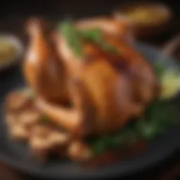 A close-up of succulent cinnamon-spiced chicken garnished with fresh herbs