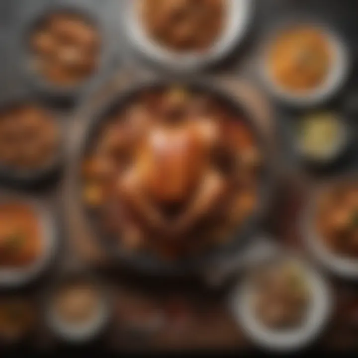 A beautifully arranged table featuring cinnamon chicken alongside diverse side dishes