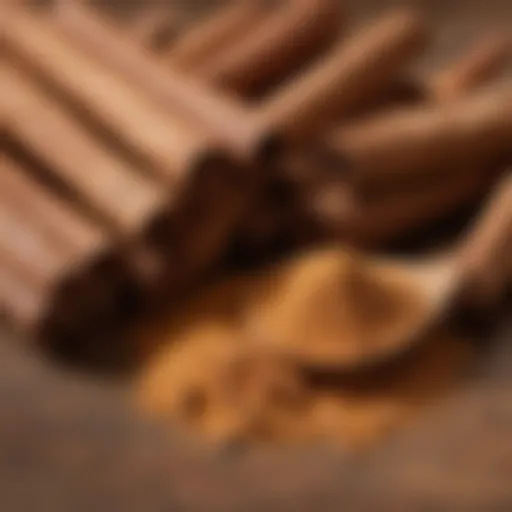 A close-up of cinnamon sticks and powder with a backdrop of glucose meter readings.