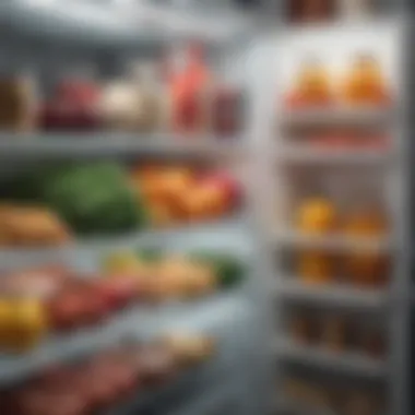 Close-up of a refrigerator door with a focus on shelves and proper food arrangement.