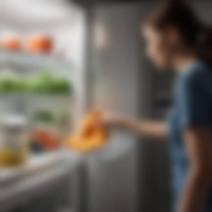 A person using a microfiber cloth to wipe down the exterior of a refrigerator.