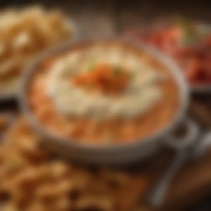 A close-up of Red Hots Buffalo Chicken Dip served in a rustic dish