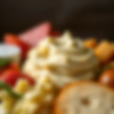 Close-up of a creamy cheese spread, highlighting its rich texture and flavor.