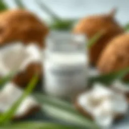 A jar of pure coconut oil surrounded by fresh coconuts and green leaves