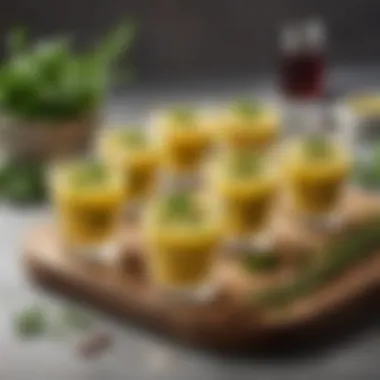 Chilled Soup Shooters for Spring A creative arrangement of cold soup shooters served in shot glasses, garnished with herbs.