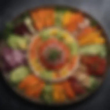 Colorful Assortment of Cold Appetizers A vibrant platter of assorted cold spring appetizers featuring fresh vegetables and herbs.