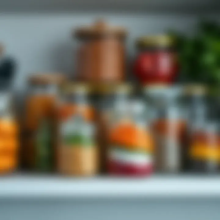 Organized Kitchen Aesthetics Elegant glass jars filled with colorful ingredients on a kitchen shelf