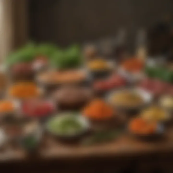 An assortment of fresh ingredients arranged artfully on a wooden table ready for meal preparation