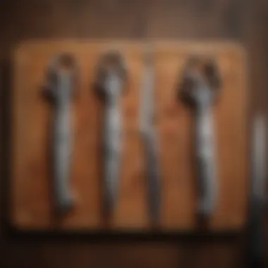 An array of stainless steel poultry shears displayed against a wooden cutting board.