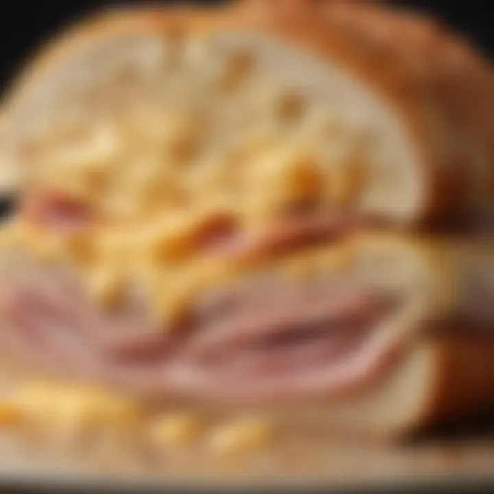 Close-up of the cross-section of chicken cordon bleu revealing ham and cheese filling