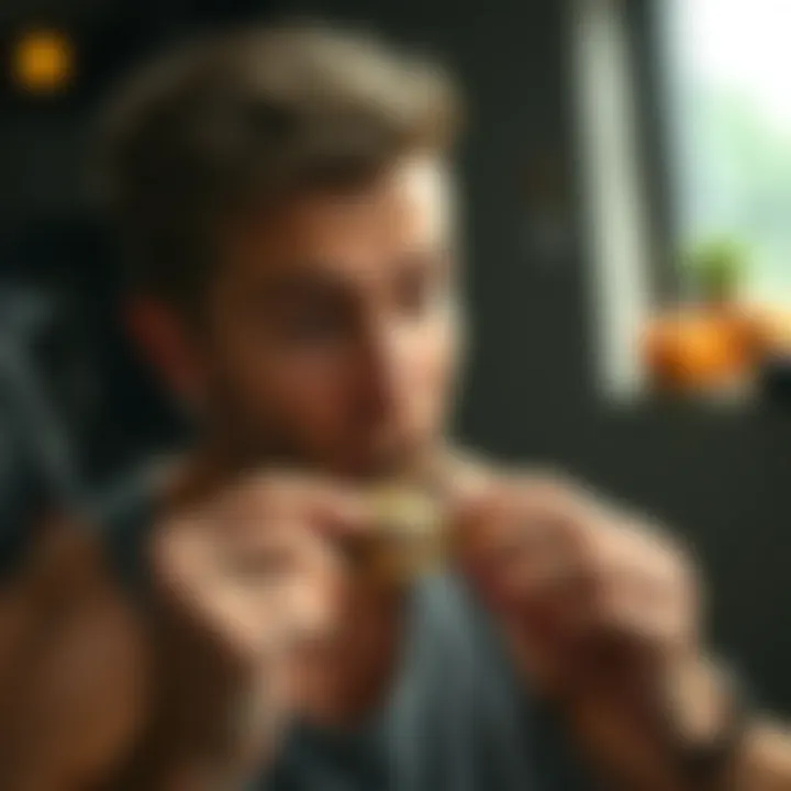 Post-Workout Protein Indulgence A fitness enthusiast enjoying a protein bar post-workout