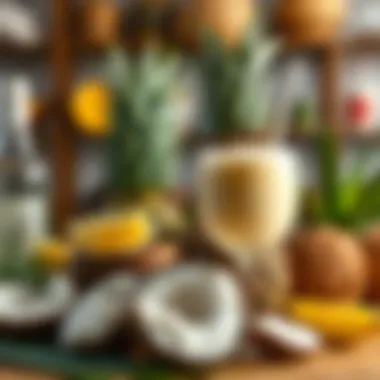 Fresh Ingredients for Pina Colada Fresh ingredients for a Pina Colada, including ripe pineapples, coconuts, and rum displayed artfully.