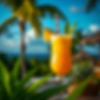 Tropical Scenery and Cultural Roots An artistic depiction of tropical scenery highlighting the cultural roots of the Pina Colada.