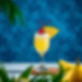 A vibrant Pina Colada served in a decorative glass with a slice of pineapple and a cherry on top.