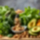 A vibrant assortment of low no-carb foods including leafy greens, avocados, and nuts.