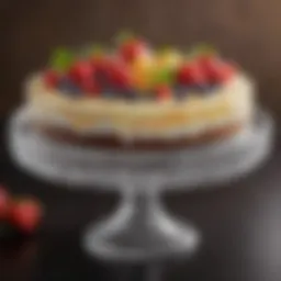 Elegant glass cake stand cover showcasing a beautifully decorated cake.