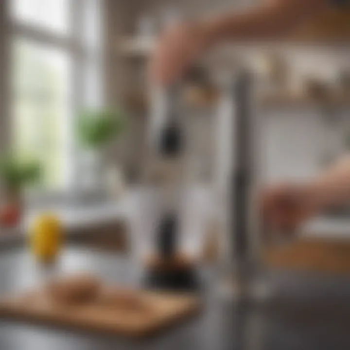 A stylish kitchen setting with an immersion blender in use, illustrating its practical application.