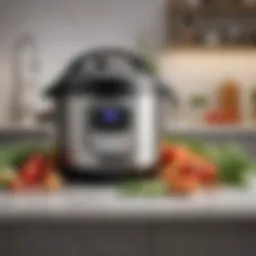 A sleek Instant Pot on a kitchen counter with vibrant vegetables around it