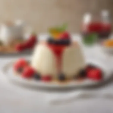 A rich and creamy panna cotta topped with fresh berries and a drizzle of caramel sauce.