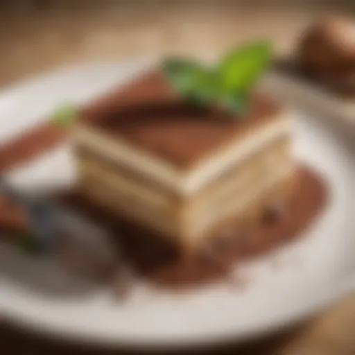 A decadent plate of homemade tiramisu garnished with cocoa powder and mint leaves.