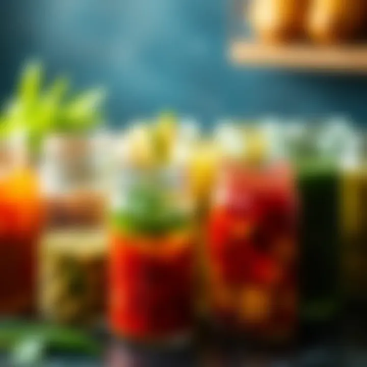 Colorful Marinades for Flavor Enhancement An array of colorful marinades in glass containers ready for chicken.