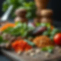 A vibrant display of fresh herbs and spices used for marinating chicken.