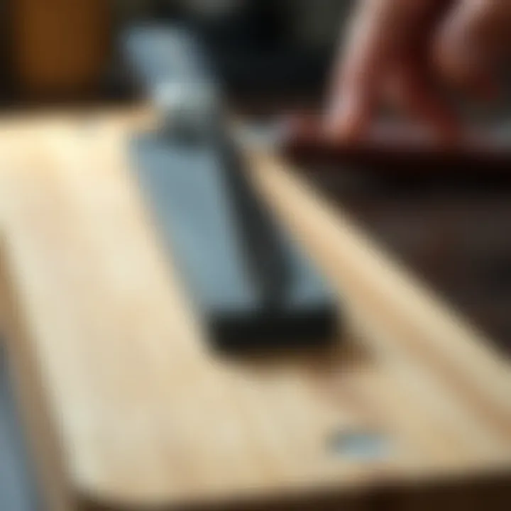 Close-up of sharpening stone in use with a knife blade