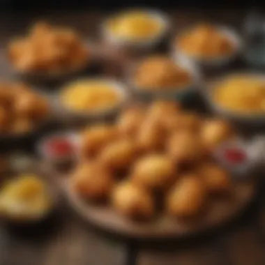 Variety of golden fried foods displayed on a rustic wooden table