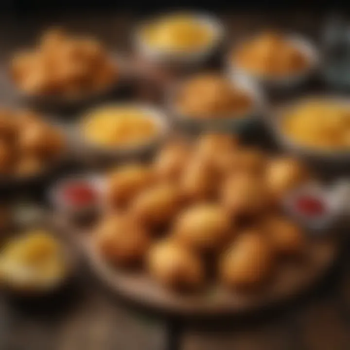 Variety of golden fried foods displayed on a rustic wooden table