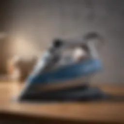 A high-performance steam iron positioned on an ironing board, showcasing its sleek design and steam output.