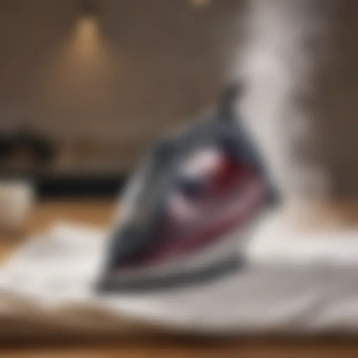 A steam iron in action with steam visibly rising as it glides over wrinkled fabric.