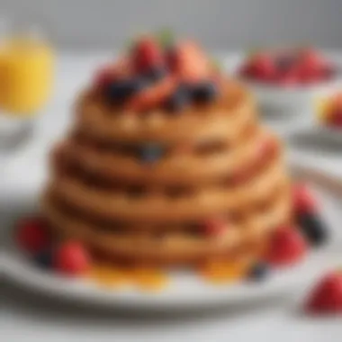 A beautifully arranged plate of coney waffle cake paired with fresh fruits and garnishes.