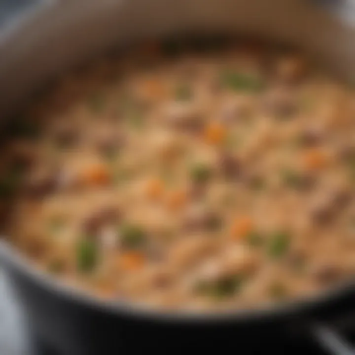 A close-up view of the rice and peas simmering in a pot, showcasing their texture and color.