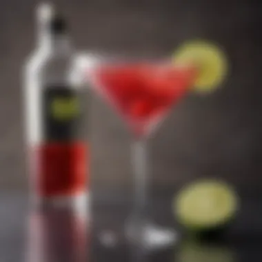 A close-up of a vibrant cosmopolitan cocktail garnished with a lime twist.