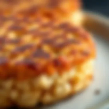 Close-Up of Flaky Crabmeat Patty Texture A close-up of the flaky texture of a crabmeat patty