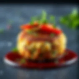 A gourmet crabmeat patty garnished with fresh herbs